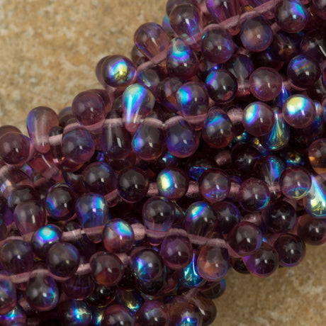 90 Czech 6x4mm Tear Drop Mid. Amethyst AB Beads (20040X)