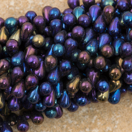 90 Czech 6x4mm Tear Drop Blue Iris Beads (21435)