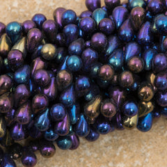 90 Czech 6x4mm Tear Drop Blue Iris Beads (21435)