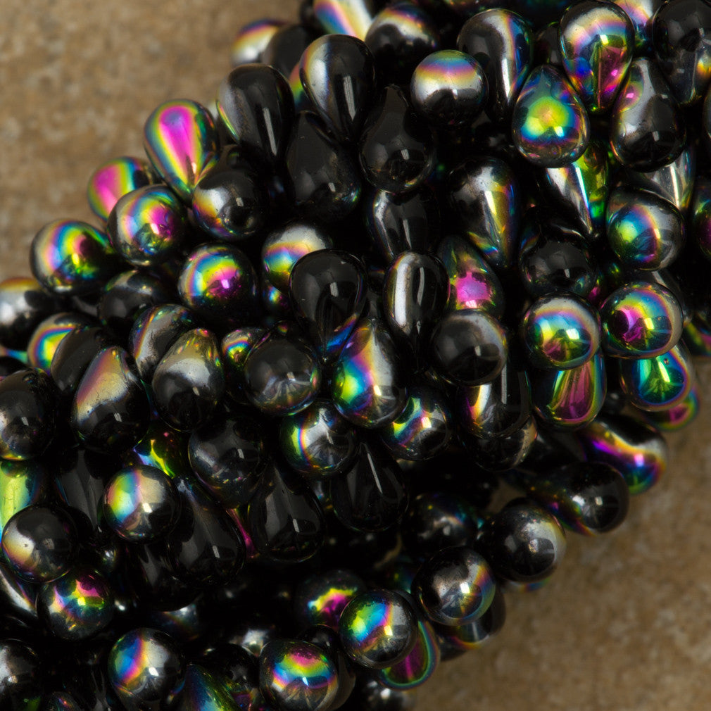 90 Czech 6x4mm Tear Drop Jet Vitrail Beads (23980V)