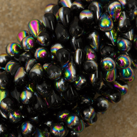 90 Czech 6x4mm Tear Drop Jet Vitrail Beads (23980V)