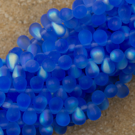 90 Czech 6x4mm Tear Drop Matte Sapphire AB Beads (30050MX)