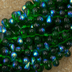 90 Czech 6x4mm Tear Drop Green Emerald AB Beads (50140X)
