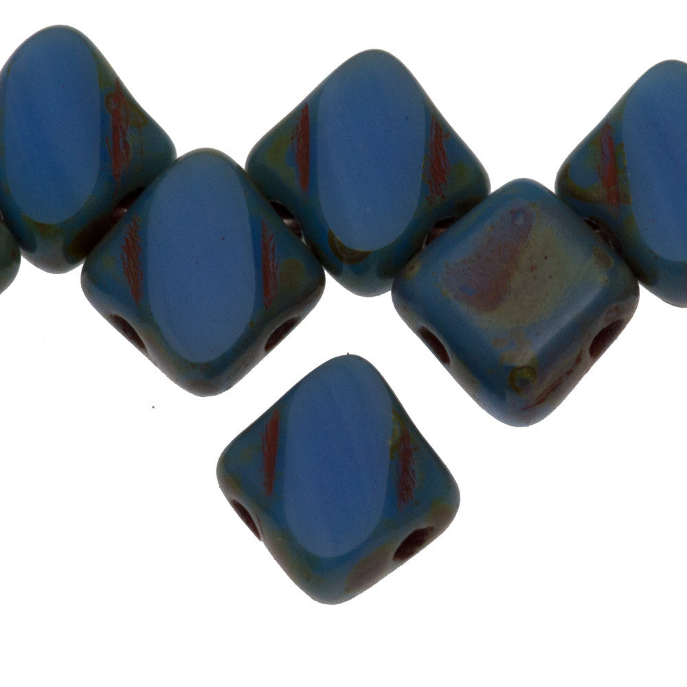 Czech Glass 6mm Two Hole Table Cut  Silky Beads Opaque Alabaster Blue Picasso