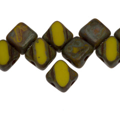 40 Czech Glass 6mm Two Hole Table Cut  Silky Beads Opaque Yellow Picasso (83110T)
