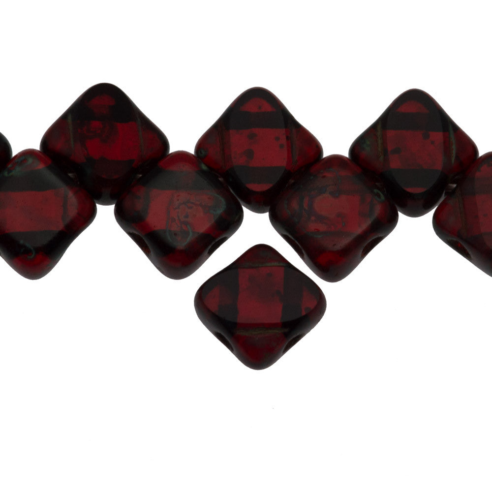 40 Czech Glass 6mm Two Hole Table Cut  Silky Beads Transparent Ruby Picasso (90090T)
