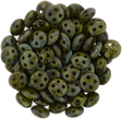 CzechMates 6mm Four Hole QuadraLentil Opaque Olive Picasso Beads 15g (53420T)
