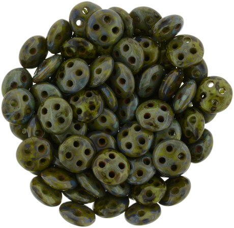 CzechMates 6mm Four Hole QuadraLentil Opaque Olive Picasso Beads 15g (53420T)