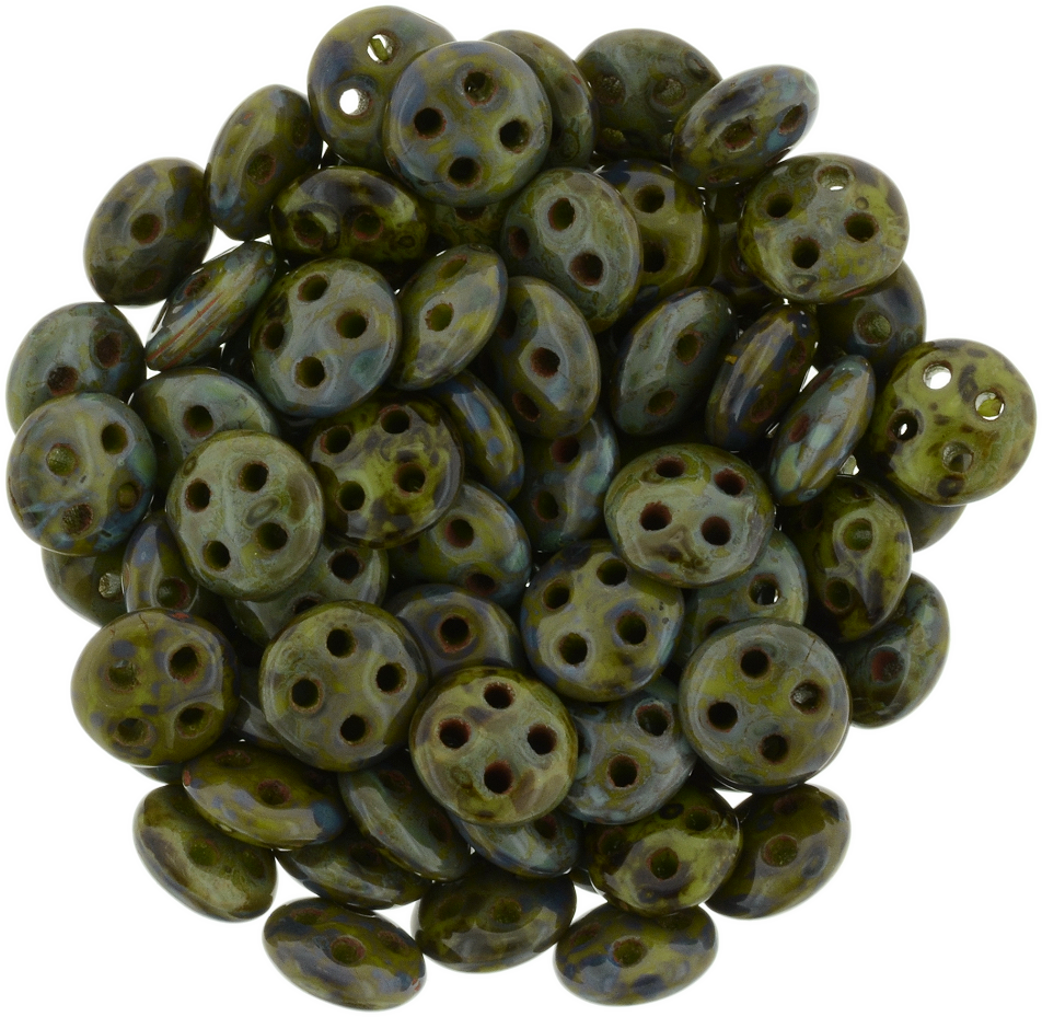 CzechMates 6mm Four Hole QuadraLentil Opaque Olive Picasso Beads 15g (53420T)