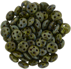 CzechMates 6mm Four Hole QuadraLentil Opaque Olive Picasso Beads 15g (53420T)