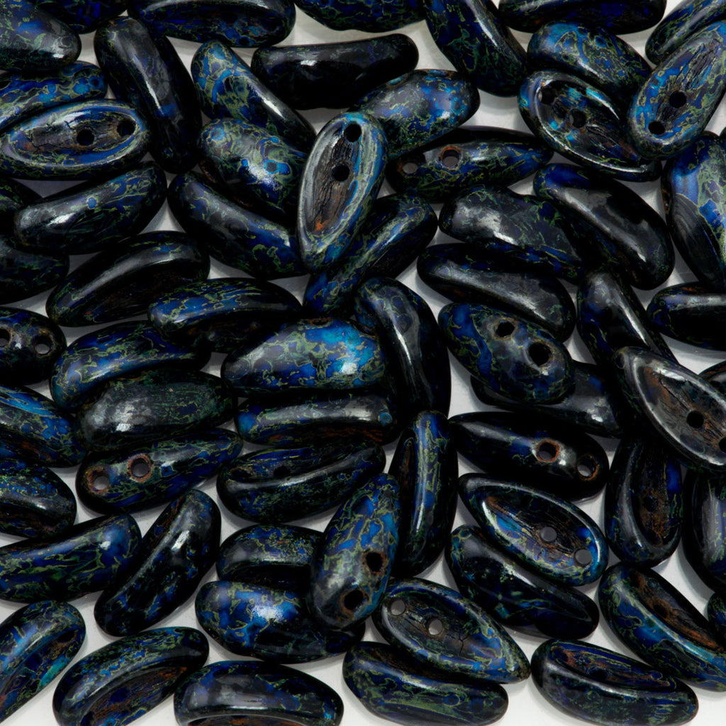 100 Preciosa Two Hole Chilli Beads Opaque Cobalt Blue Travertin (30090TV)
