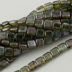 50 CzechMates 6mm Two Hole Tile Beads Transparent Green Luster T6-65431