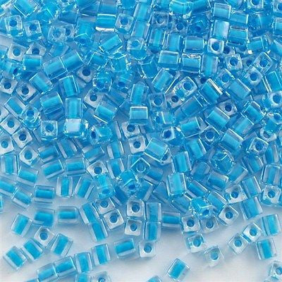 Miyuki 4mm Square Seed Bead Inside Color Lined Turquoise 19g Tube (247)