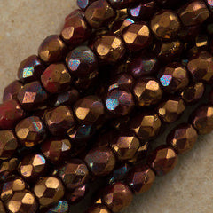 100 Czech Fire Polished 4mm Round Bead Opaque Red Bronze Hematite (15780)