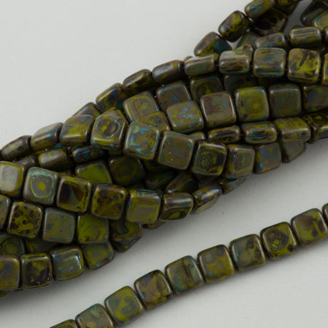 50 CzechMates 6mm Two Hole Tile Beads Opaque Olive Picasso (53420T)