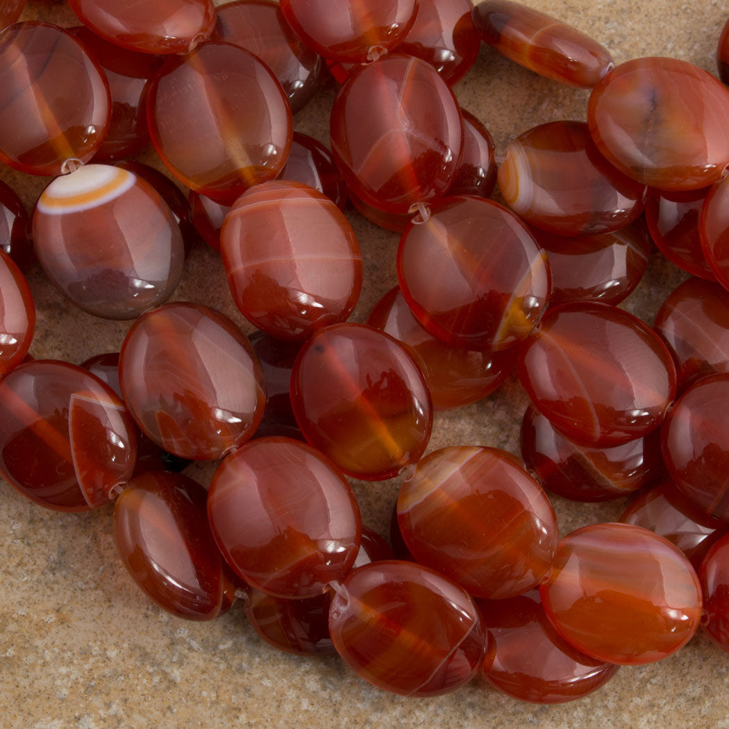 Banded Carnelian 16x14mm Flat Oval 16" bead strand