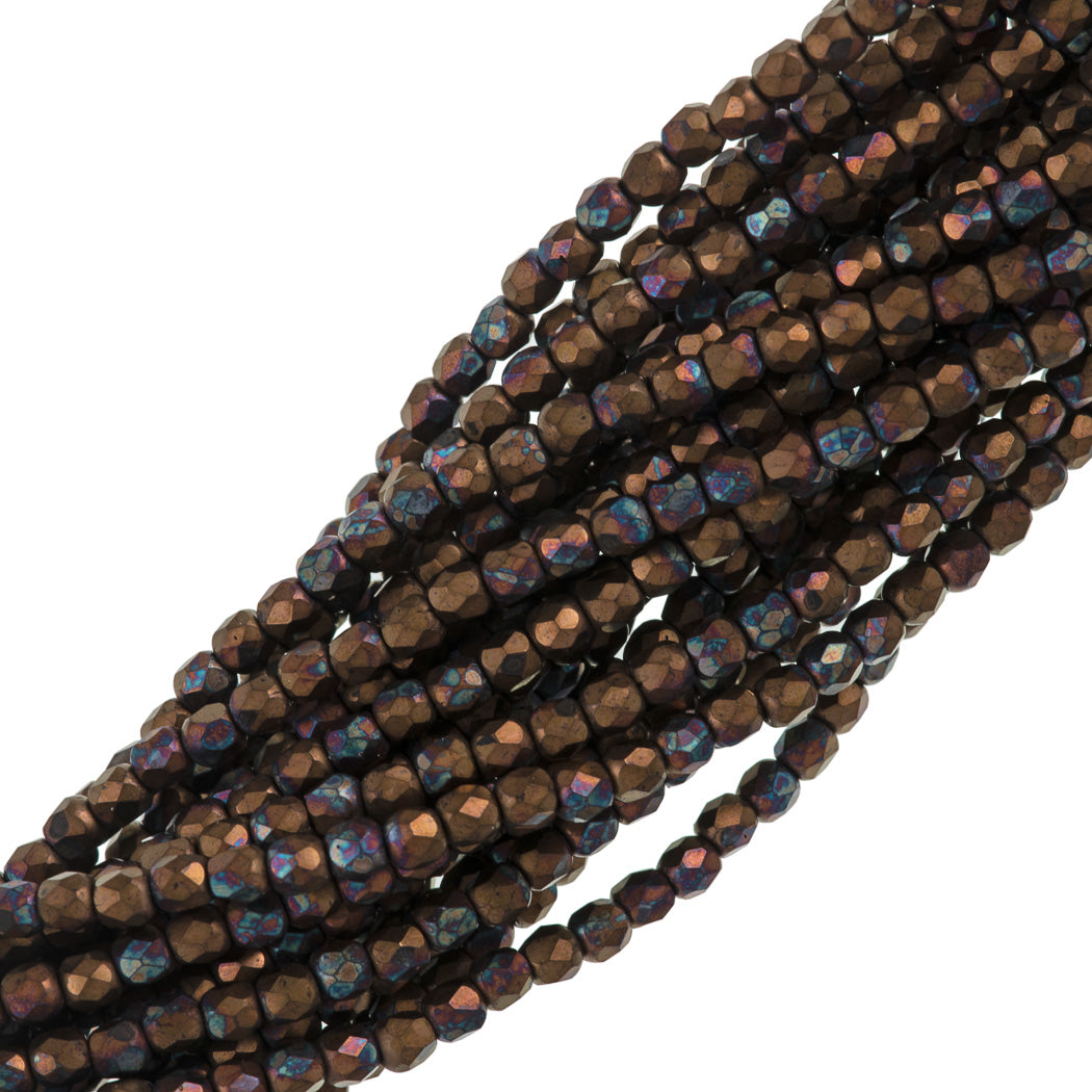 100 Czech Fire Polished 3mm Round Bead Matte Bronze Vega Jet (23980YM)
