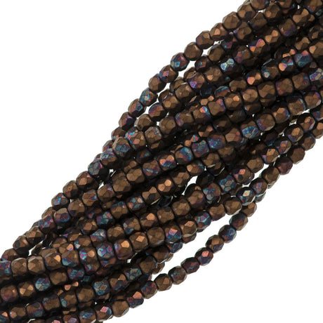 100 Czech Fire Polished 3mm Round Bead Matte Bronze Vega Jet (23980YM)
