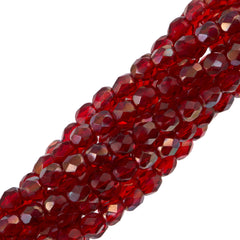 100 Czech Fire Polished 4mm Round Bead Ruby Celsian (90090Z)