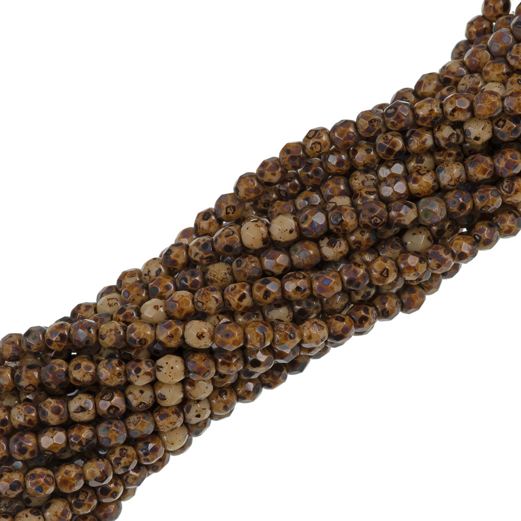 100 Czech Fire Polished 4mm Round Bead Opaque Beige Picasso (13010T)