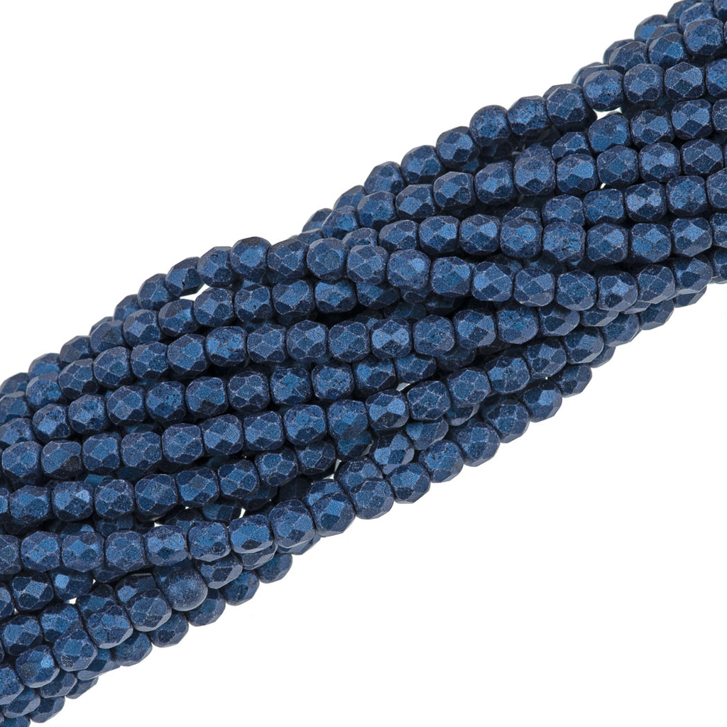 100 Czech Fire Polished 4mm Round Bead Metallic Suede Blue (79031)
