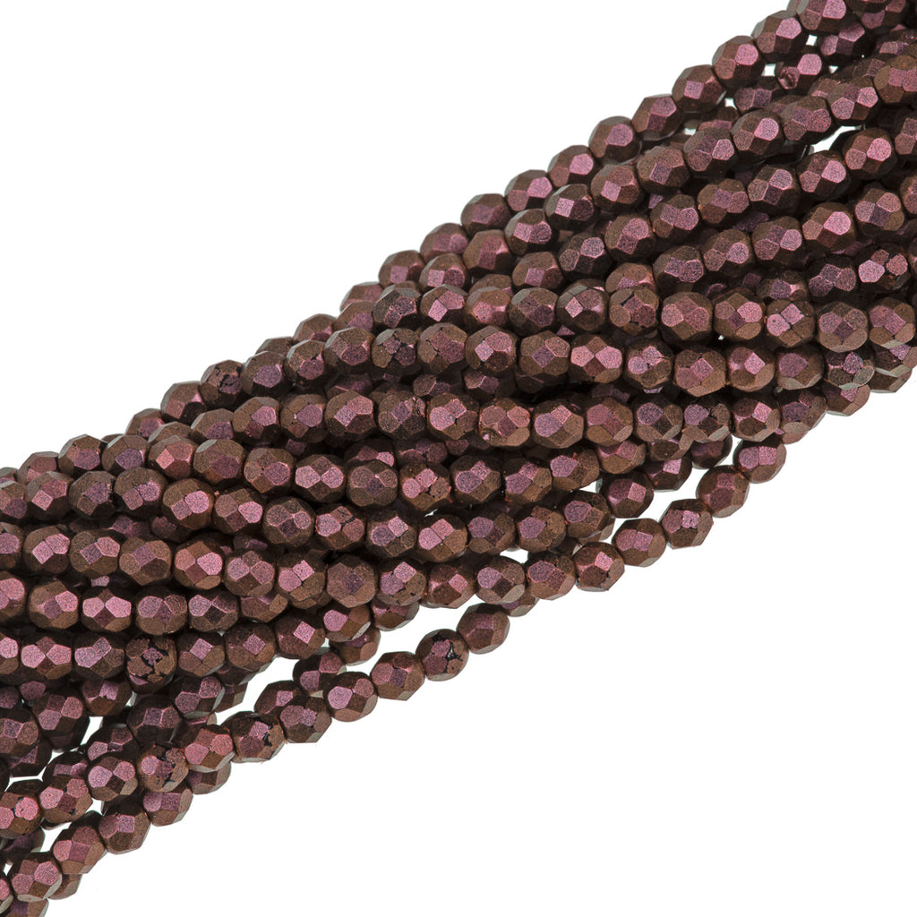 100 Czech Fire Polished 4mm Round Bead Polychrome Copper Rose (94100)