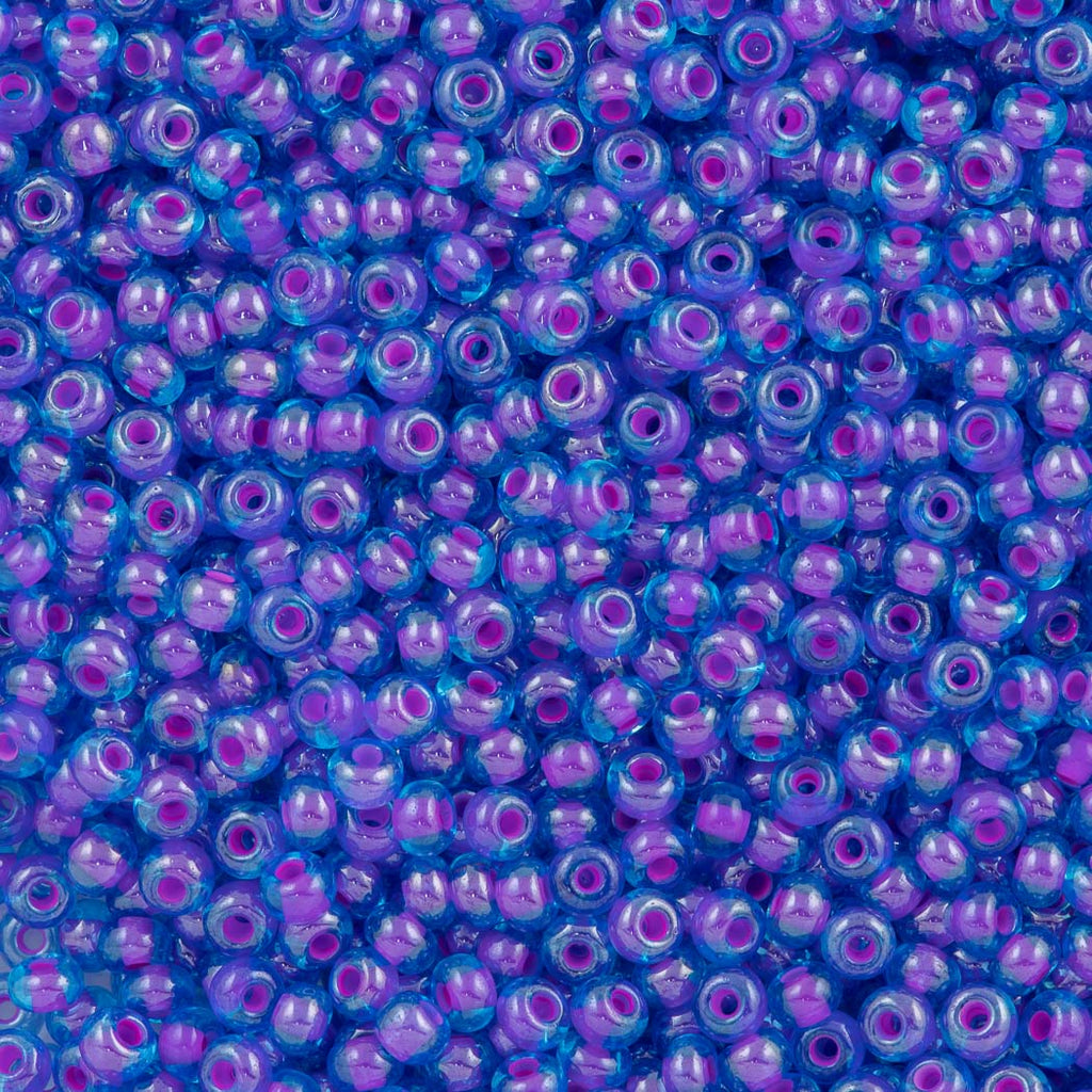 Czech Seed Bead 6/0 Transparent Blue Inside Color Lined Fuchsia 2-inch Tube (61016)