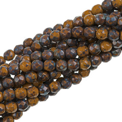 50 Czech Fire Polished 6mm Round Bead Goldenrod Picasso (13740T)