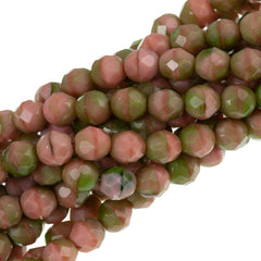 50 Czech Fire Polished 8mm Round Bead Pink Coral Olivine (77553)