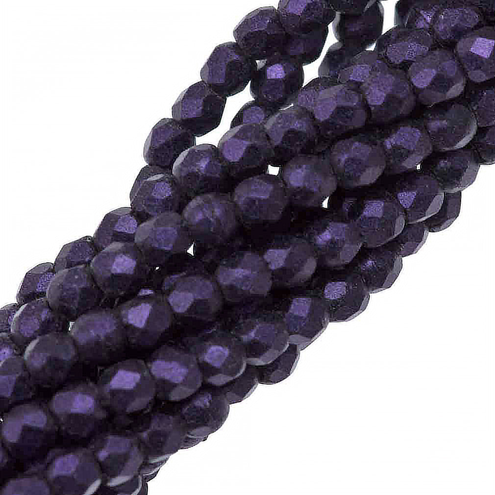 100 Czech Fire Polished 2mm Round Bead Metallic Suede Purple (79021)