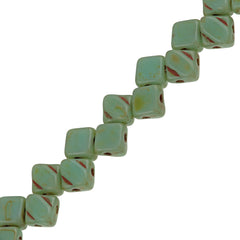 40 Czech Glass 6mm Two Hole Silky Beads Opaque Pastel Mint Picasso (63110T)