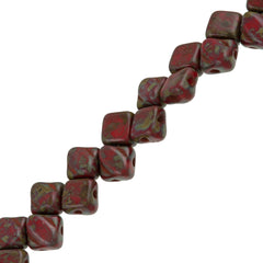 40 Czech Glass 6mm Two Hole Silky Beads Opaque Red Picasso (93190T)