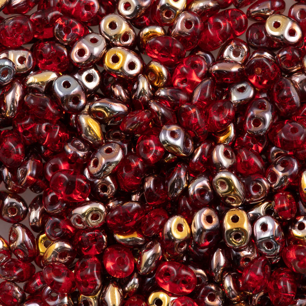 Super Duo 2x5mm Two Hole Beads Siam Ruby Capri Gold (90080CG)
