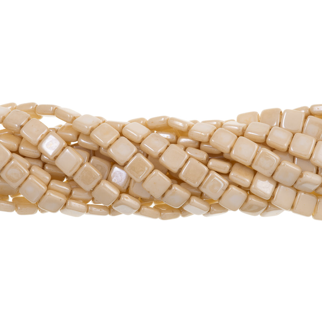 50 CzechMates 6mm Two Hole Tile Beads Opaque Champagne Luster (14413P)