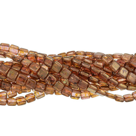 50 CzechMates 6mm Two Hole Tile Beads Transparent Topaz Gold Luster (15695)
