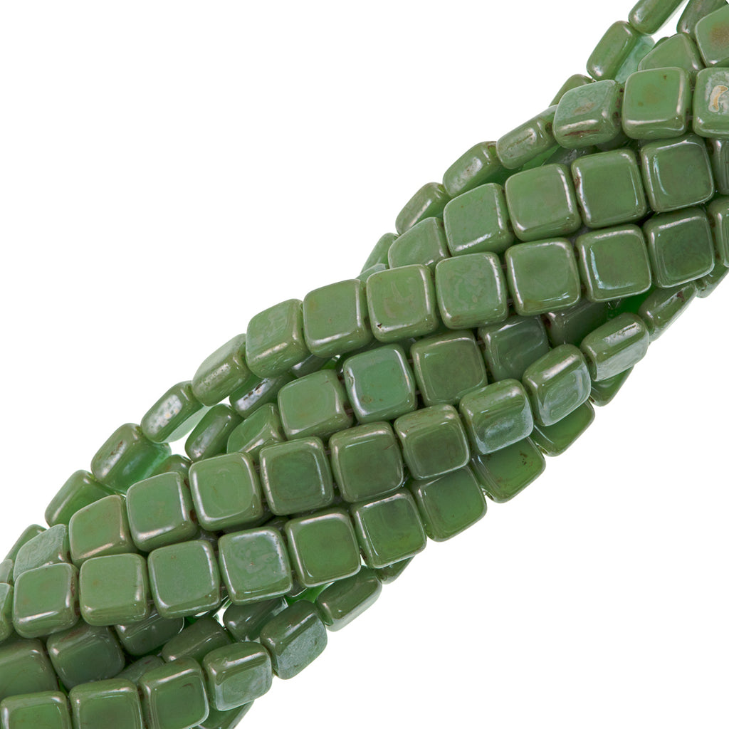 50 CzechMates 6mm Two Hole Tile Beads Spring Green Luster Picasso (53200TL)