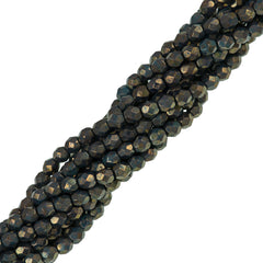 100 Czech Fire Polished 4mm Round Bead Dark Turquoise Bronze Picasso (63150BT)