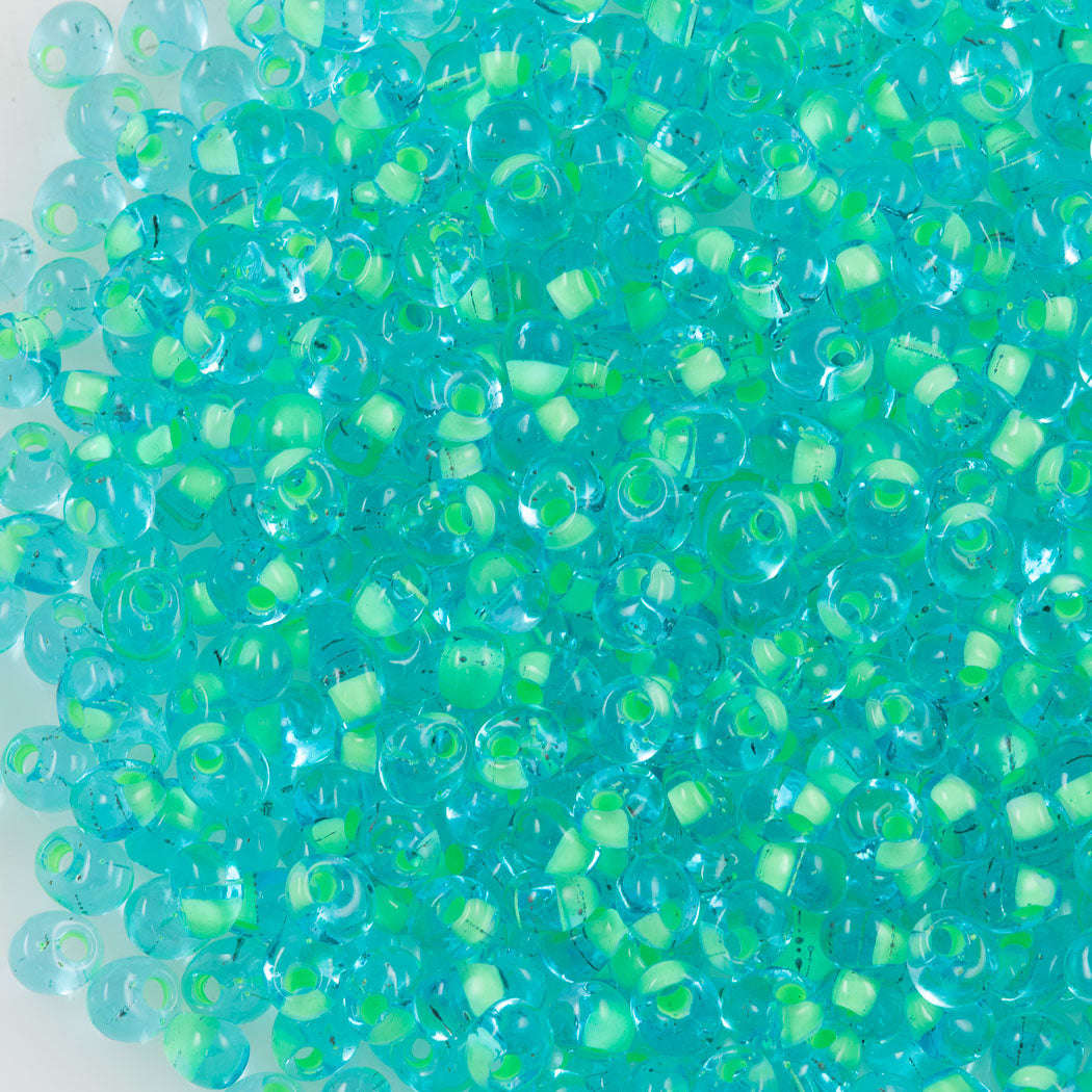 Miyuki 4mm Magatama Seed Bead Green Inside Color Lined Blue 23g Tube (31)